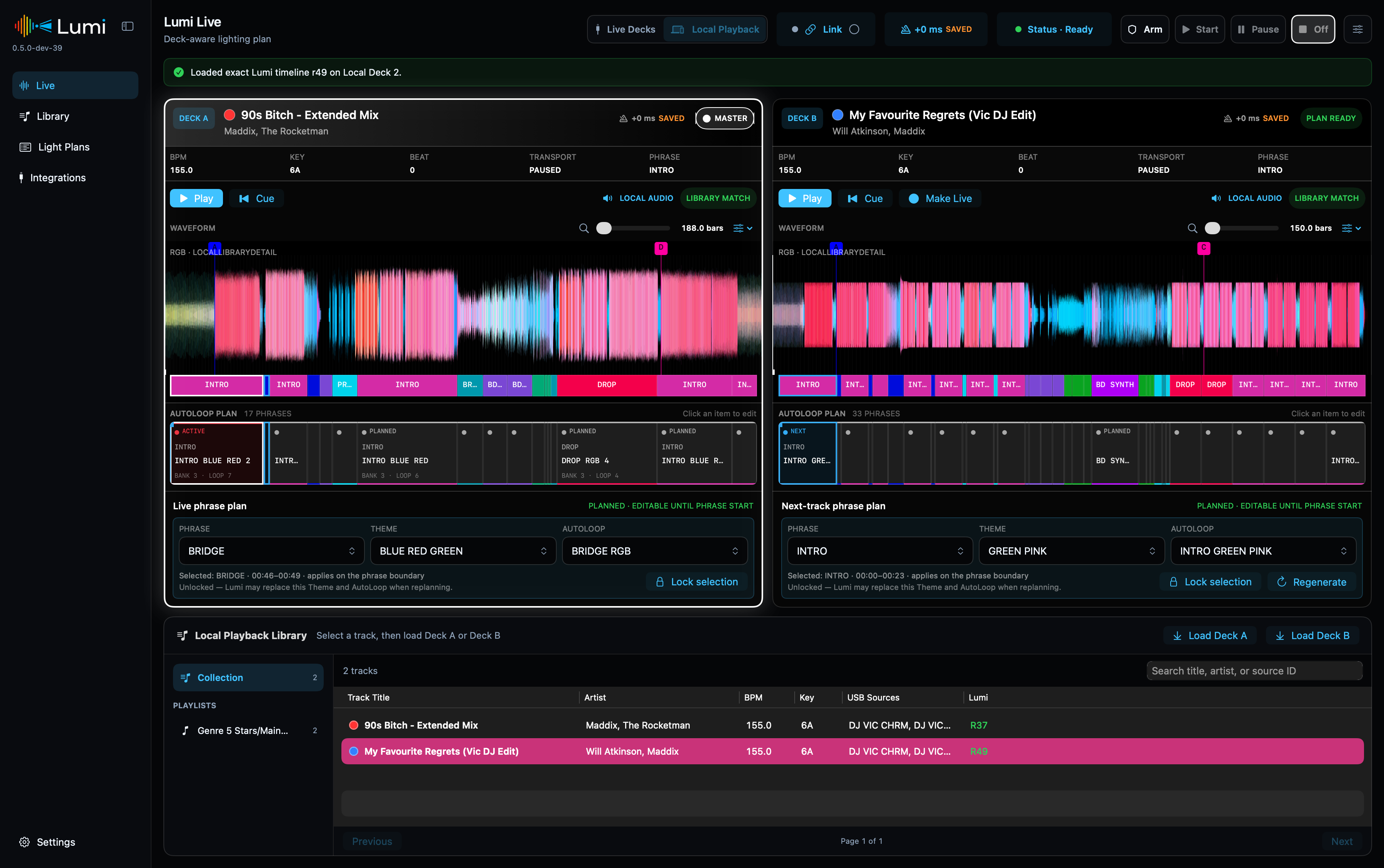 Lumi Local Playback running a prepared two-track show