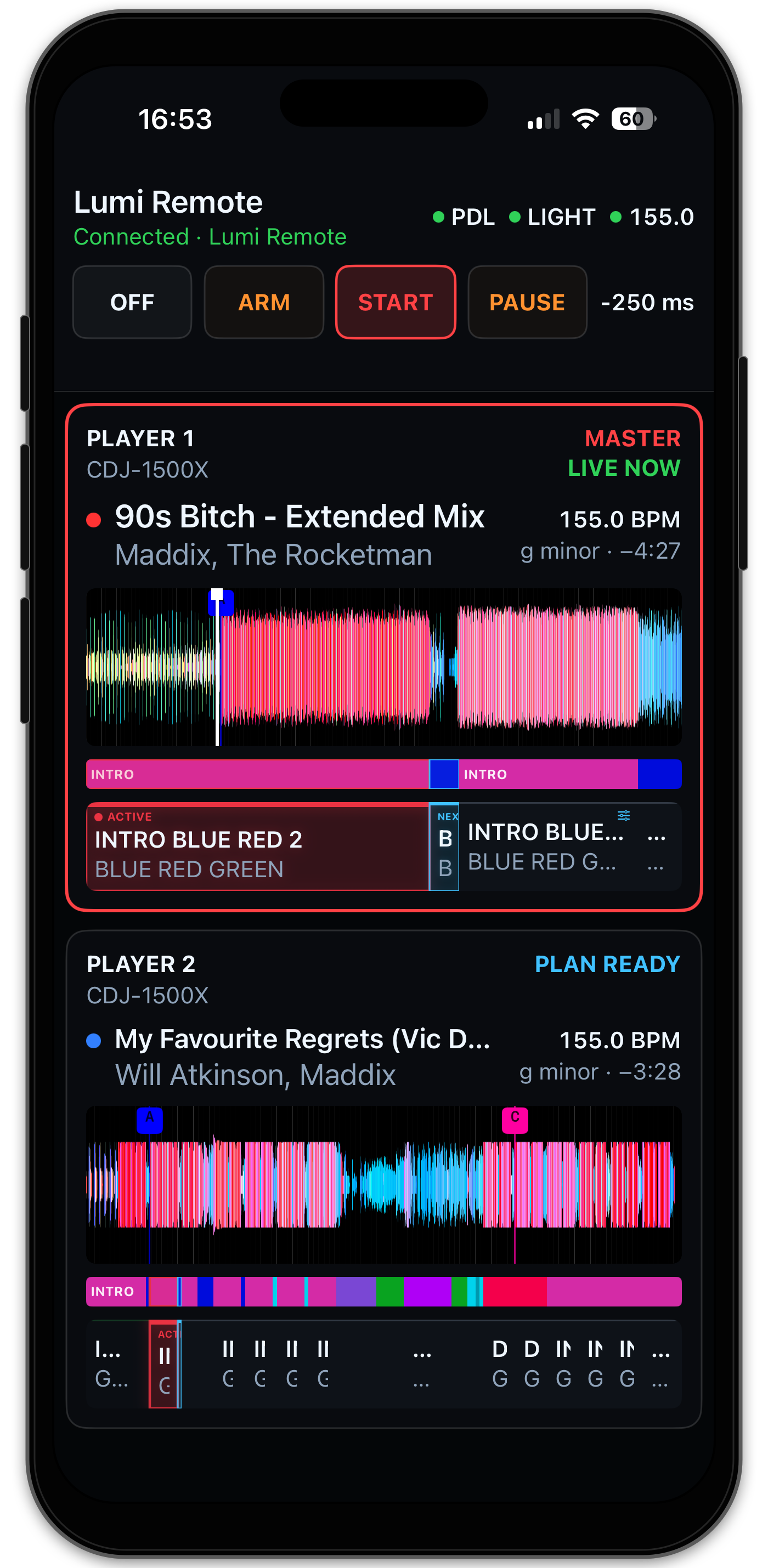 Lumi Remote on iPhone showing two live Players, RGB waveforms and their Light Plans