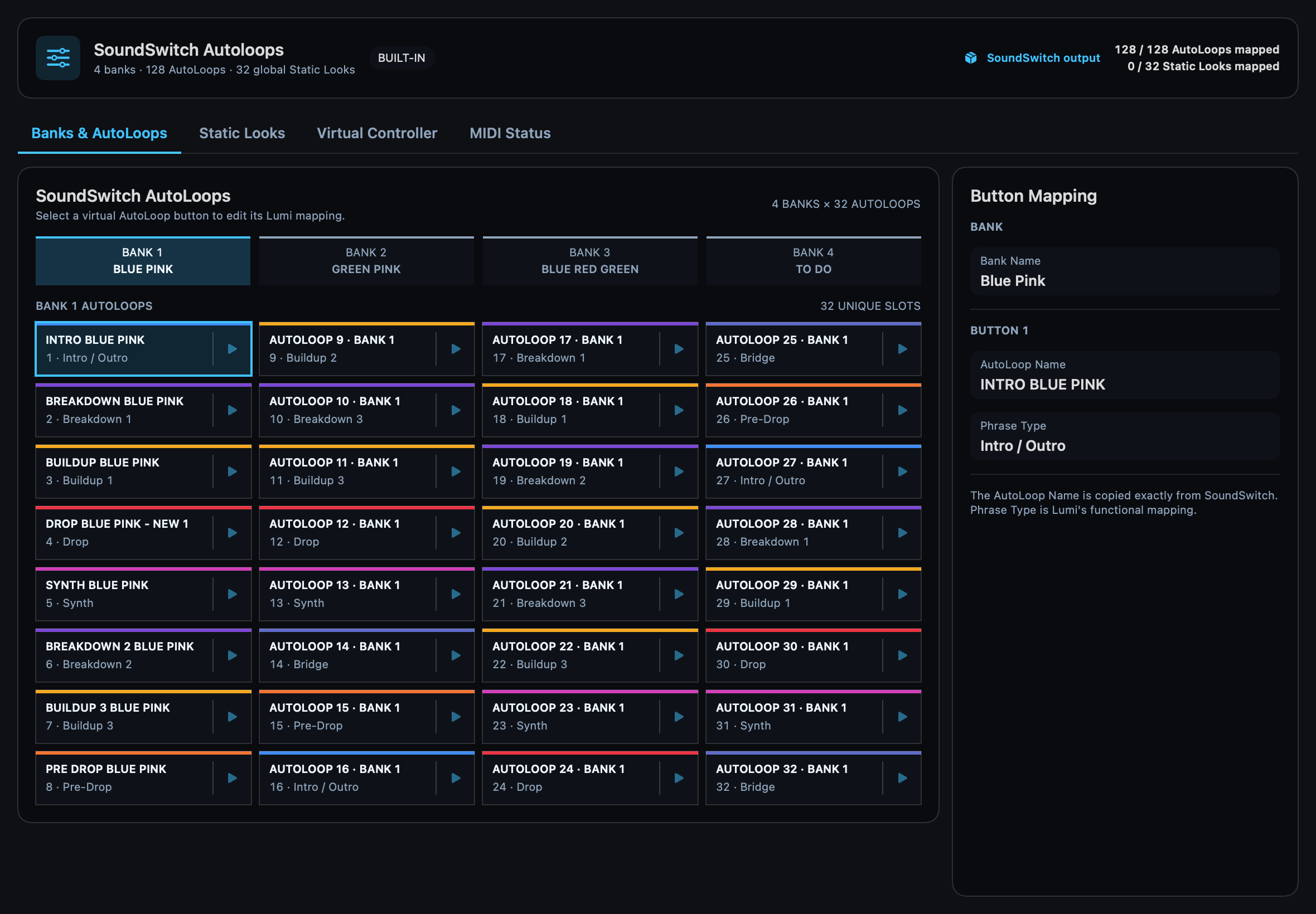SoundSwitch Bank and AutoLoop mapping in Lumi