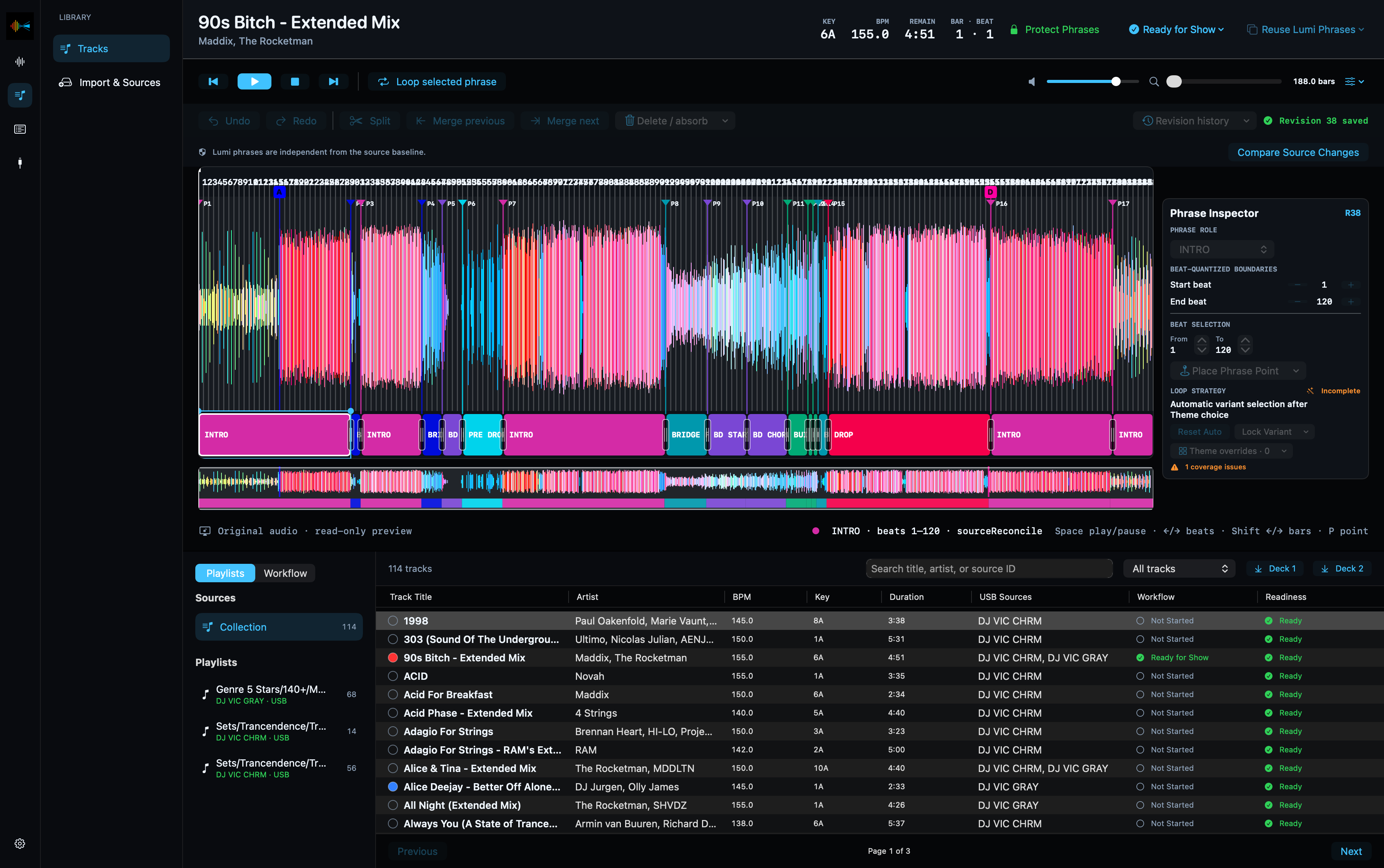 Lumi Track Editor with a visible phrase transition